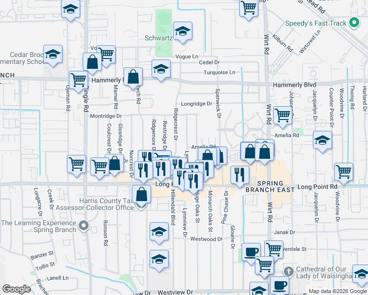 map of restaurants, bars, coffee shops, grocery stores, and more near 1929 Ridgecrest Drive in Houston