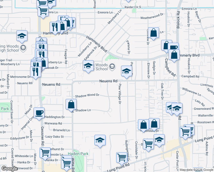 map of restaurants, bars, coffee shops, grocery stores, and more near 30 Shadow Lane in Houston
