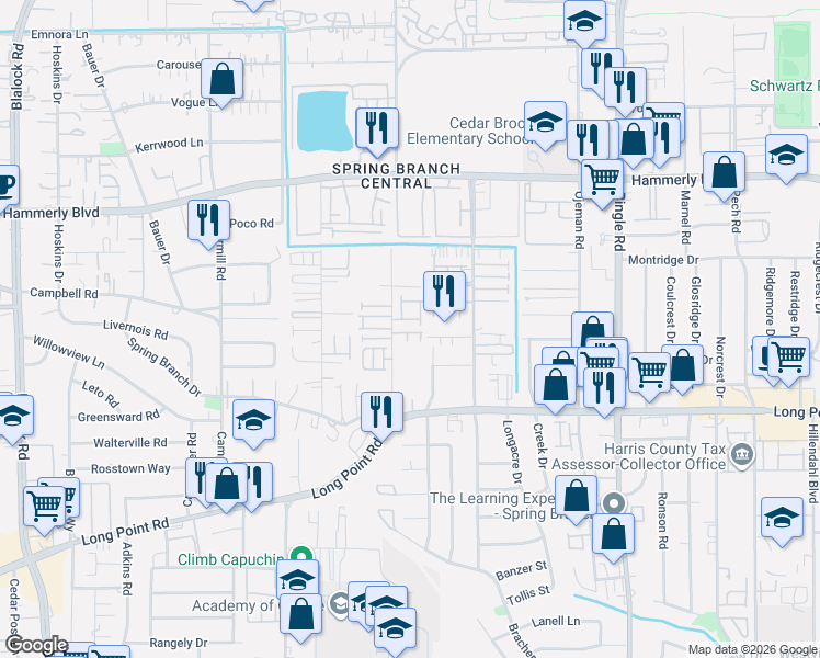 map of restaurants, bars, coffee shops, grocery stores, and more near 8904 Aventino way in Houston
