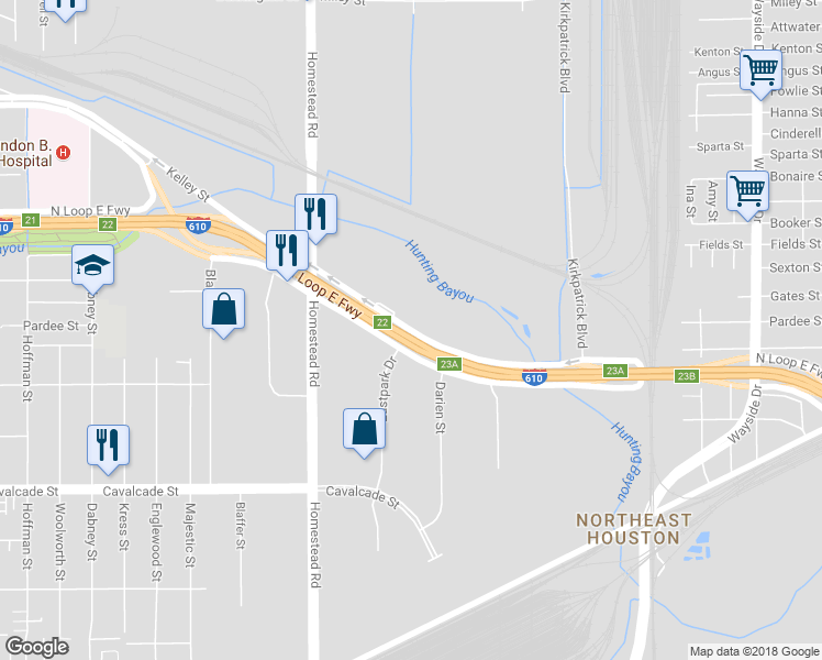 map of restaurants, bars, coffee shops, grocery stores, and more near 7163 North Loop East Freeway in Houston