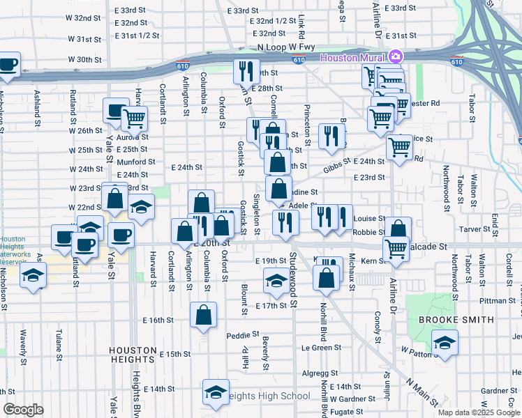 map of restaurants, bars, coffee shops, grocery stores, and more near 2124 Carter Street in Houston