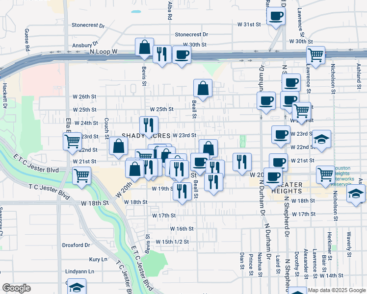 map of restaurants, bars, coffee shops, grocery stores, and more near 1124 West 23rd Street in Houston