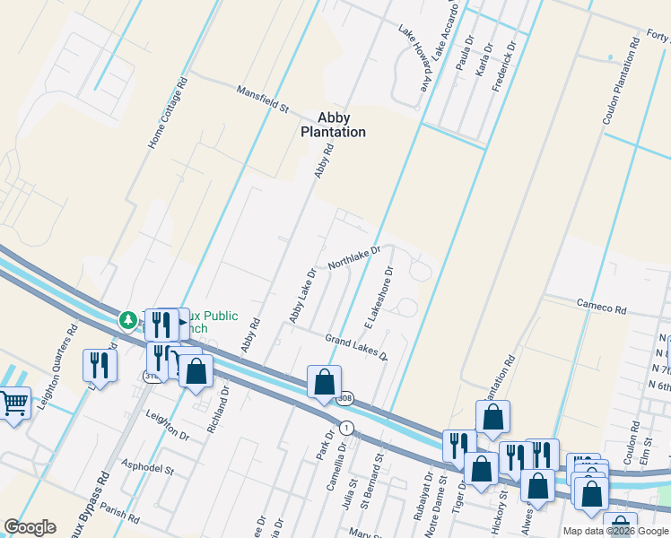 map of restaurants, bars, coffee shops, grocery stores, and more near 252-398 Abby Lake Dr in Thibodaux