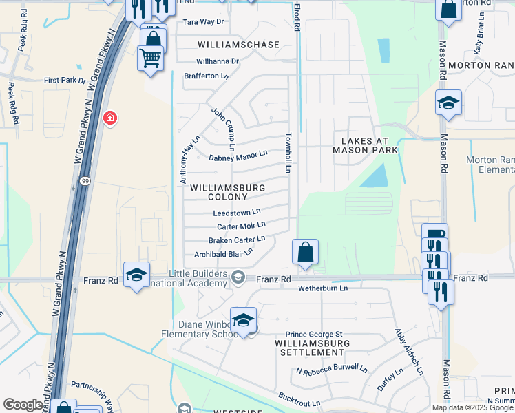 map of restaurants, bars, coffee shops, grocery stores, and more near 22523 John Rolfe Lane in Katy