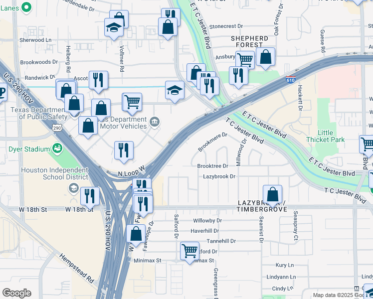 map of restaurants, bars, coffee shops, grocery stores, and more near 2707 North Loop West Freeway in Houston