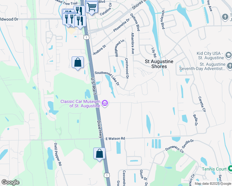 map of restaurants, bars, coffee shops, grocery stores, and more near 104 Laurel Wood Way in St. Augustine