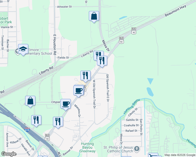 map of restaurants, bars, coffee shops, grocery stores, and more near 5021 Old Spanish Trail East Drive in Houston