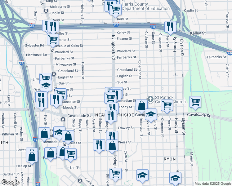 map of restaurants, bars, coffee shops, grocery stores, and more near in Houston
