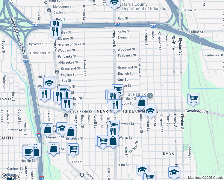 map of restaurants, bars, coffee shops, grocery stores, and more near in Houston