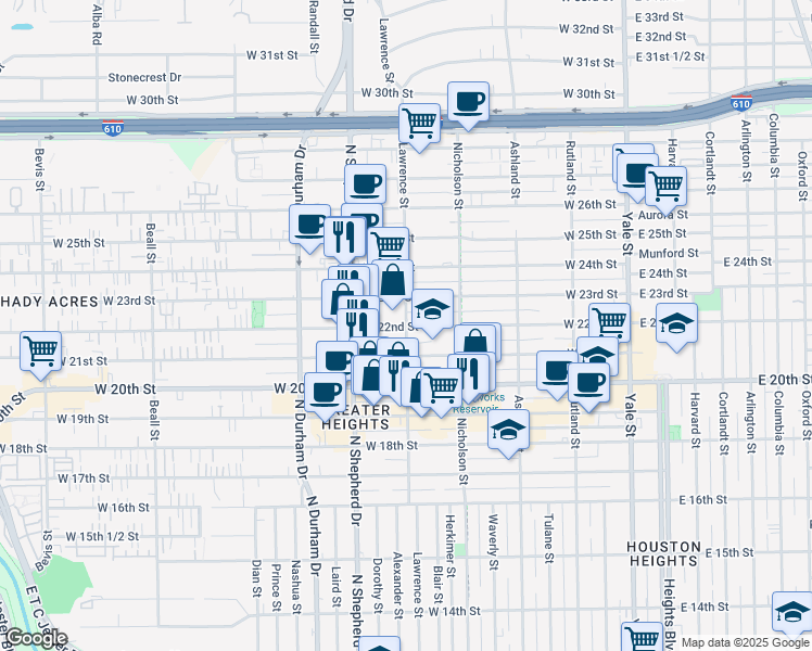 map of restaurants, bars, coffee shops, grocery stores, and more near 532 West 22nd Street in Houston