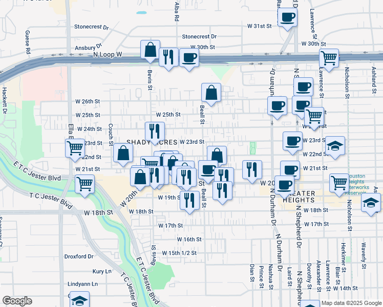 map of restaurants, bars, coffee shops, grocery stores, and more near 1124 West 23rd Street in Houston