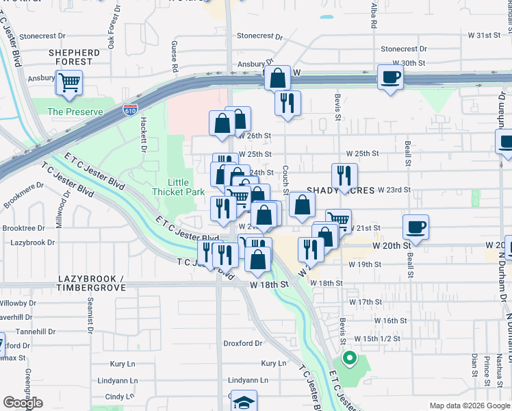 map of restaurants, bars, coffee shops, grocery stores, and more near 1512 West 23rd Street in Houston
