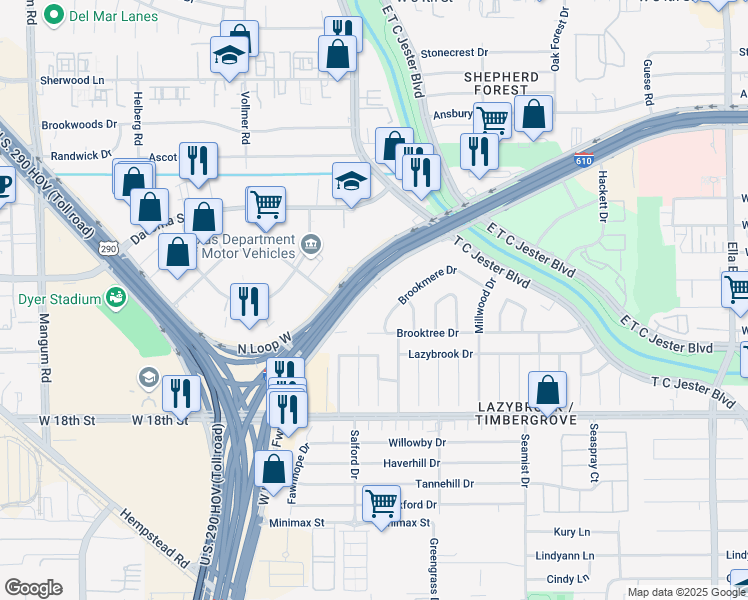 map of restaurants, bars, coffee shops, grocery stores, and more near 2707 North Loop West Freeway in Houston