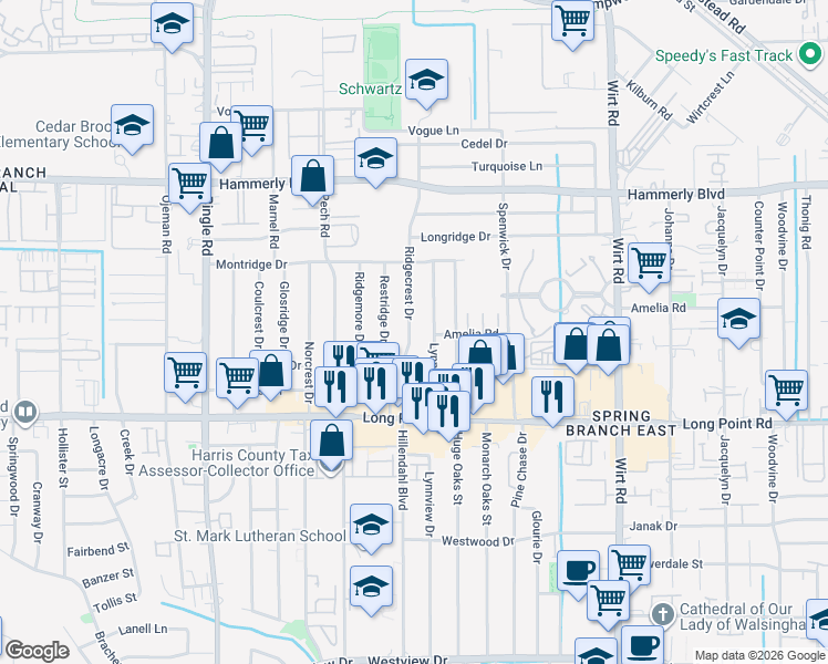 map of restaurants, bars, coffee shops, grocery stores, and more near 1929 Ridgecrest Drive in Houston