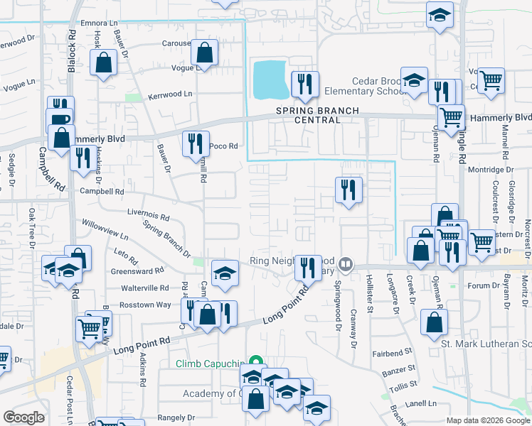 map of restaurants, bars, coffee shops, grocery stores, and more near 9002 Laverne Crescent in Houston