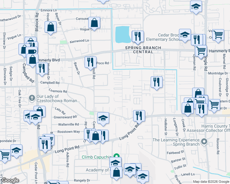 map of restaurants, bars, coffee shops, grocery stores, and more near 9102 Cathey Lane in Houston