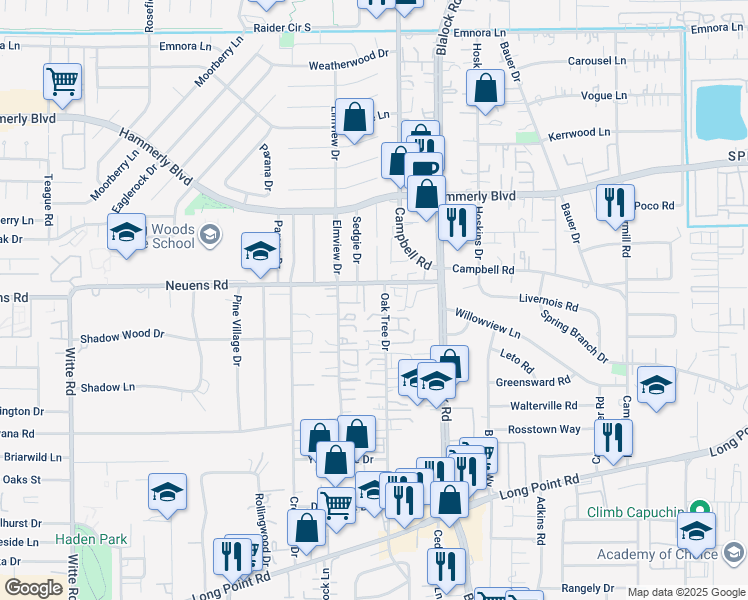 map of restaurants, bars, coffee shops, grocery stores, and more near 1901 Stillwood Drive in Houston