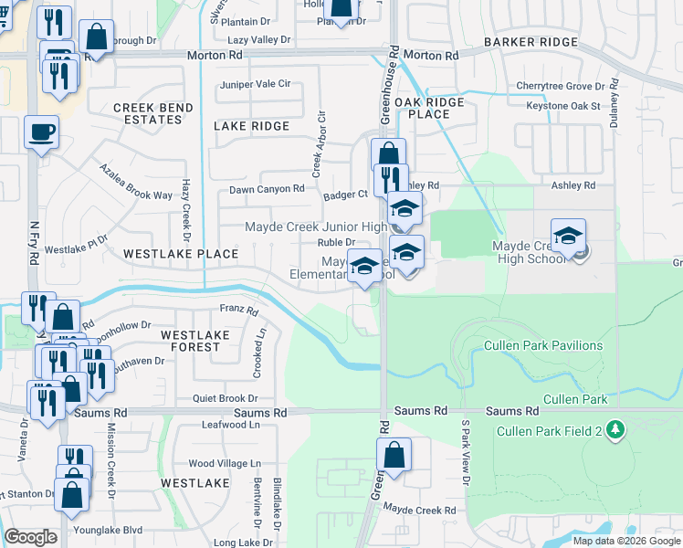 map of restaurants, bars, coffee shops, grocery stores, and more near 2630 Count Eric Drive in Houston