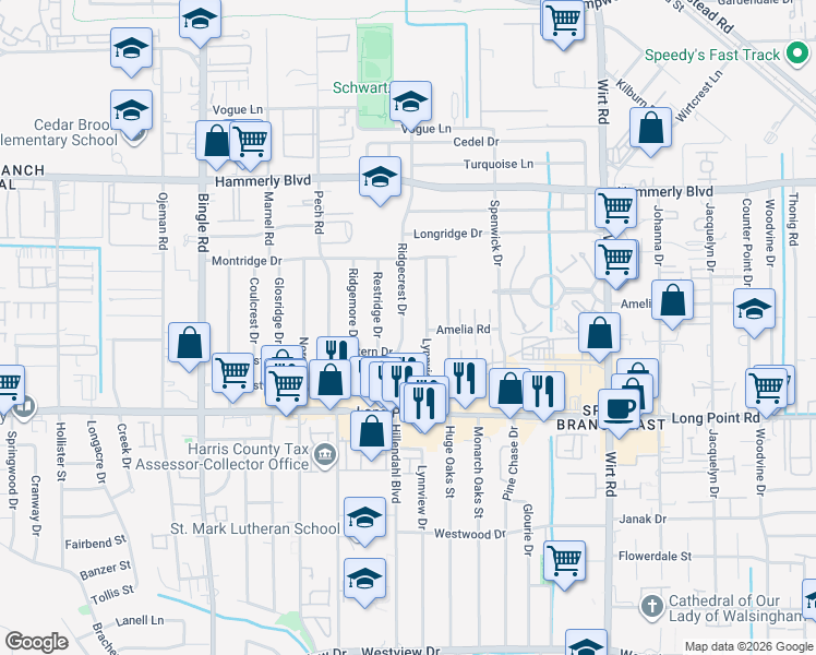 map of restaurants, bars, coffee shops, grocery stores, and more near 1929 Ridgecrest Drive in Houston