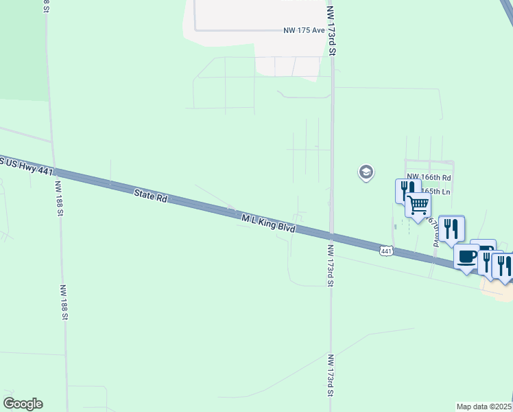 map of restaurants, bars, coffee shops, grocery stores, and more near 16411 Northwest US Highway 441 in Alachua