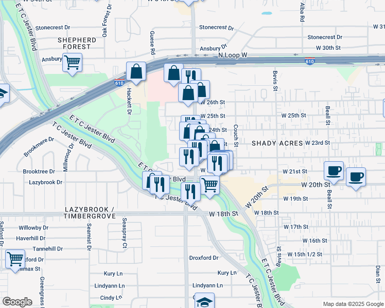 map of restaurants, bars, coffee shops, grocery stores, and more near in Houston