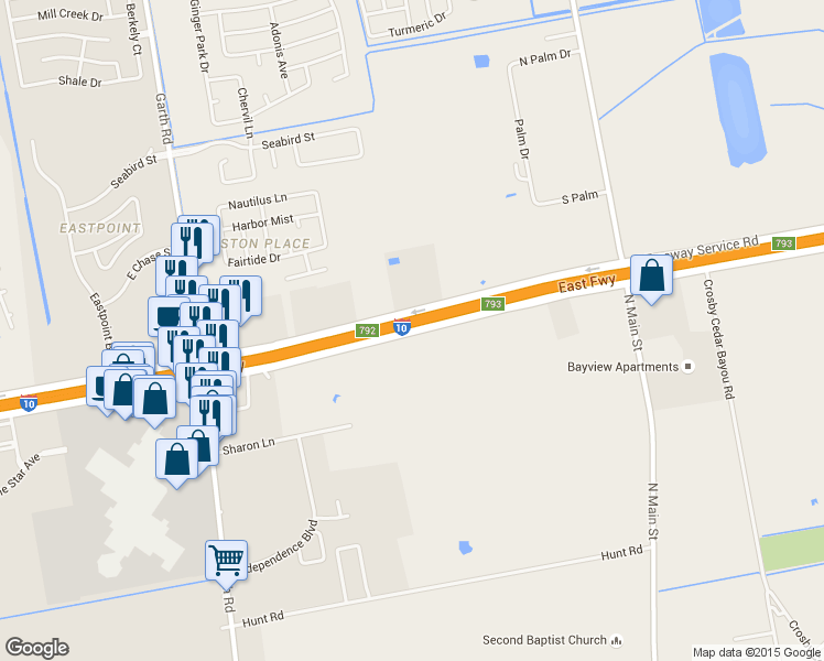 map of restaurants, bars, coffee shops, grocery stores, and more near Interstate 10 Service Rd in Baytown