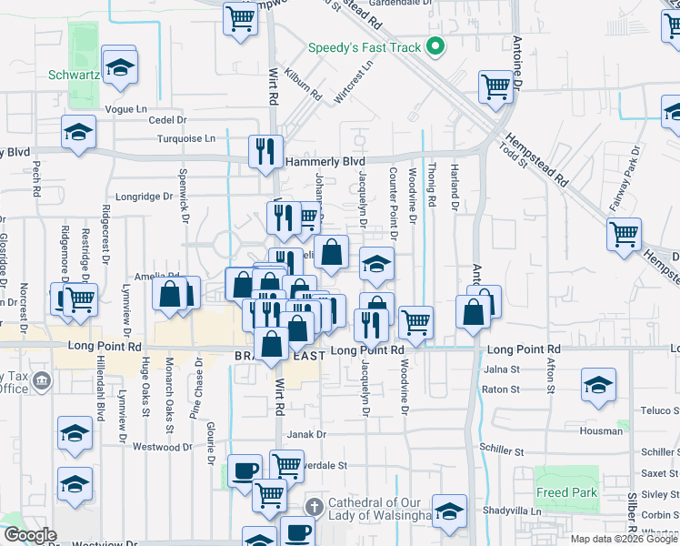 map of restaurants, bars, coffee shops, grocery stores, and more near 1928 Johanna Drive in Houston