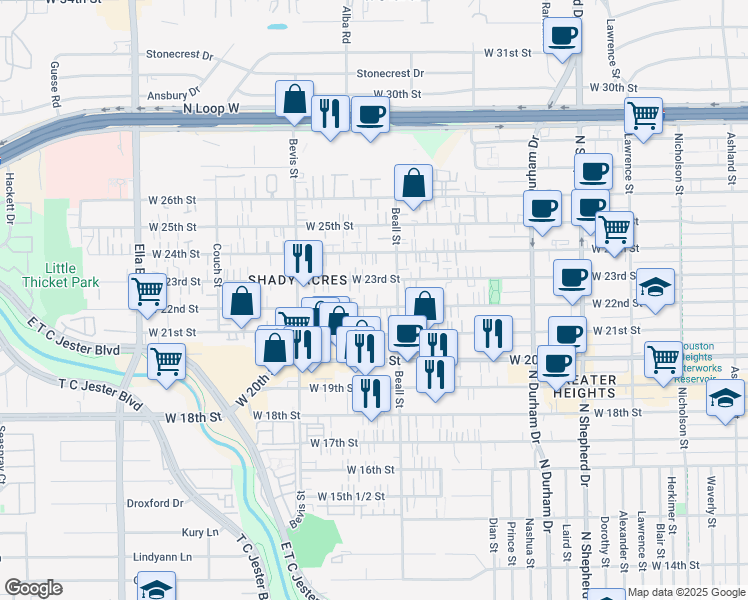 map of restaurants, bars, coffee shops, grocery stores, and more near 1124 West 23rd Street in Houston