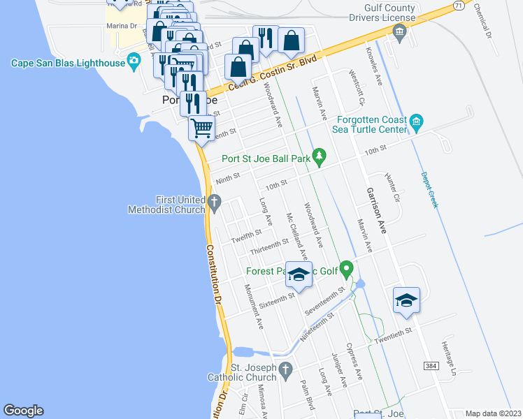 map of restaurants, bars, coffee shops, grocery stores, and more near 1008 Long Avenue in Port Saint Joe