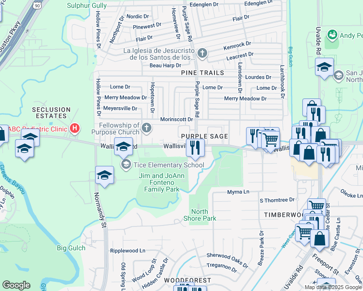 map of restaurants, bars, coffee shops, grocery stores, and more near 14355 Wallisville Road in Houston