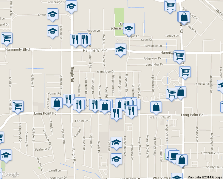 map of restaurants, bars, coffee shops, grocery stores, and more near 1930 Ridgemore Drive in Houston