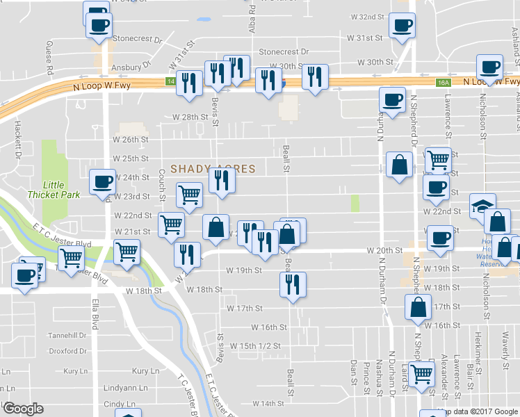 map of restaurants, bars, coffee shops, grocery stores, and more near 1131 West 22nd Street in Houston