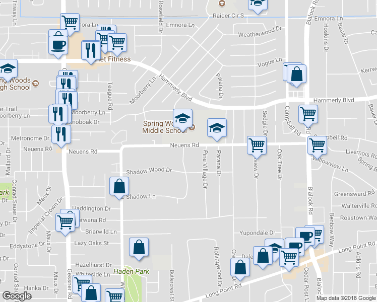 map of restaurants, bars, coffee shops, grocery stores, and more near 30 Shadow Lane in Houston