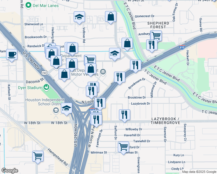 map of restaurants, bars, coffee shops, grocery stores, and more near 2800 North Loop West Freeway in Houston