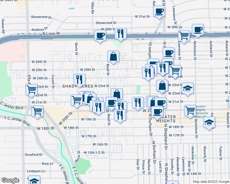map of restaurants, bars, coffee shops, grocery stores, and more near 1045 West 22nd Street in Houston
