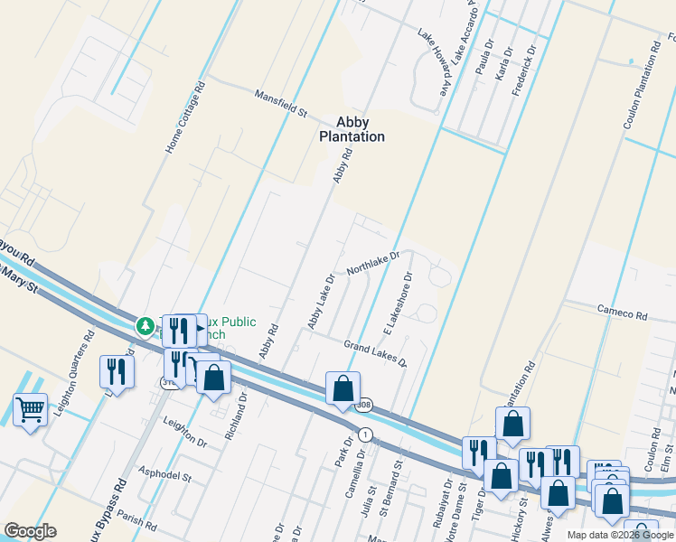 map of restaurants, bars, coffee shops, grocery stores, and more near 252-398 Abby Lake Dr in Thibodaux