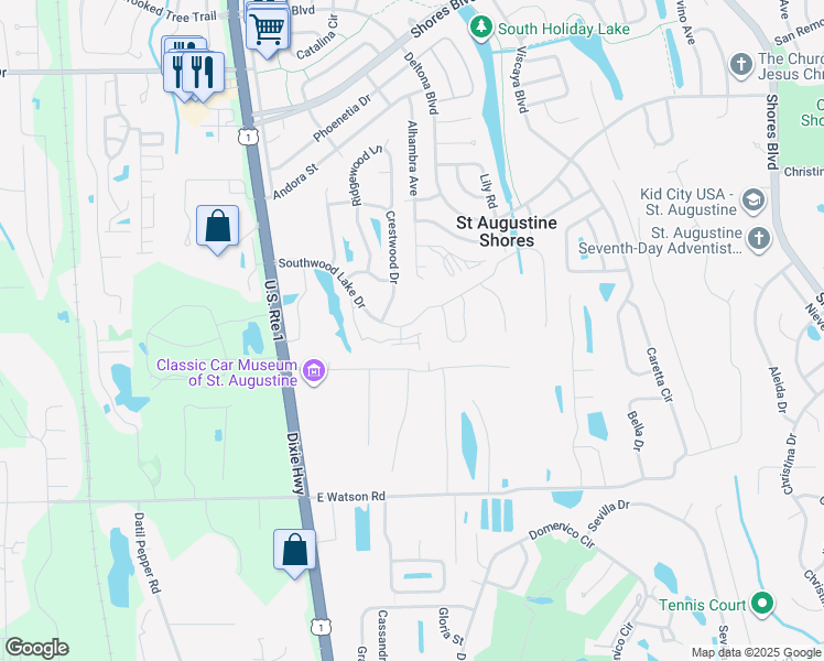 map of restaurants, bars, coffee shops, grocery stores, and more near 840 Crestwood Drive in St. Augustine