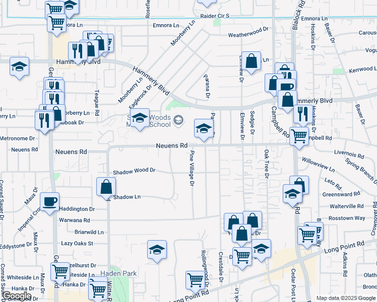 map of restaurants, bars, coffee shops, grocery stores, and more near 9733 Neuens Road in Houston