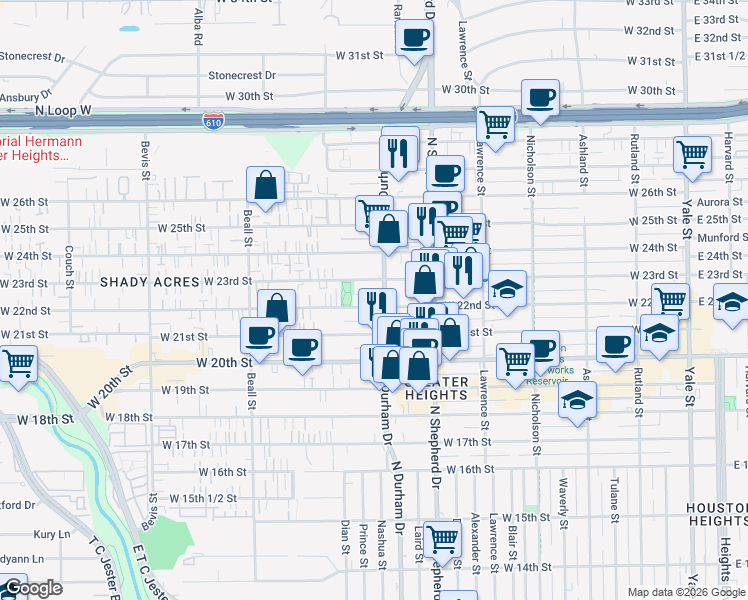 map of restaurants, bars, coffee shops, grocery stores, and more near 826 West 23rd Street in Houston