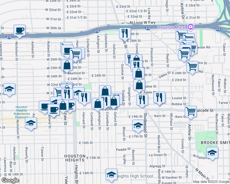 map of restaurants, bars, coffee shops, grocery stores, and more near Oxford Street in Houston