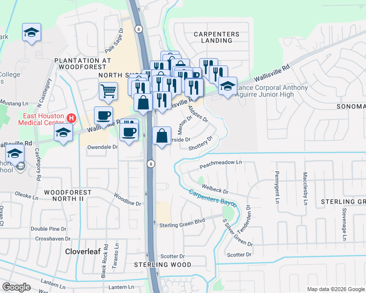 map of restaurants, bars, coffee shops, grocery stores, and more near 14814 Waterside Drive in Houston