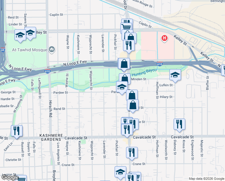 map of restaurants, bars, coffee shops, grocery stores, and more near 5009 Pickfair Street in Houston