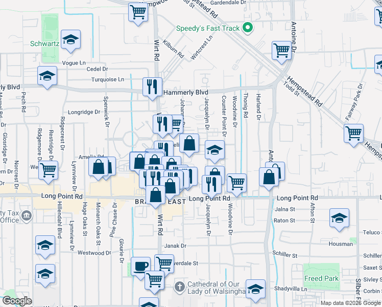 map of restaurants, bars, coffee shops, grocery stores, and more near 1928 Johanna Drive in Houston