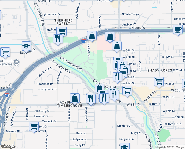 map of restaurants, bars, coffee shops, grocery stores, and more near 2424 East T C Jester Boulevard in Houston