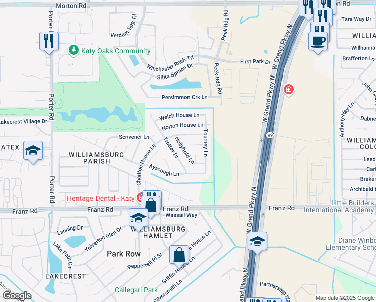 map of restaurants, bars, coffee shops, grocery stores, and more near 23727 Prince Lawrence Court in Katy