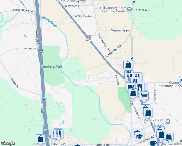 map of restaurants, bars, coffee shops, grocery stores, and more near 518 Fabra Street in Boerne