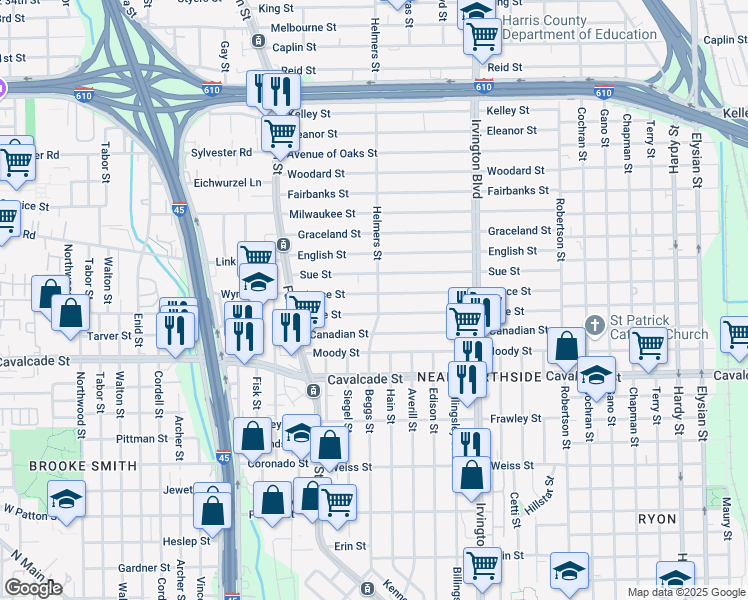 map of restaurants, bars, coffee shops, grocery stores, and more near 419 Joyce Street in Houston