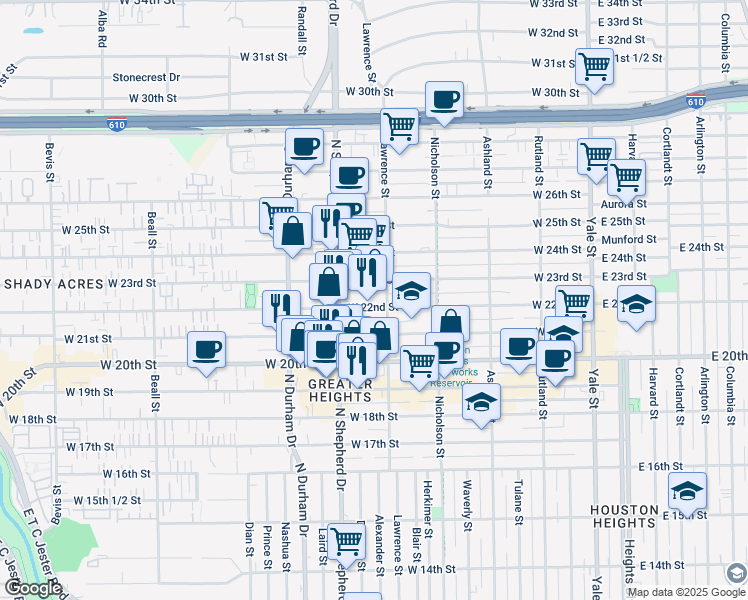 map of restaurants, bars, coffee shops, grocery stores, and more near 616 West 23rd Street in Houston