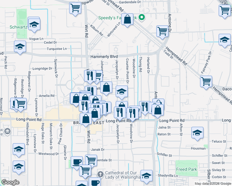 map of restaurants, bars, coffee shops, grocery stores, and more near 1931 Jacquelyn Drive in Houston