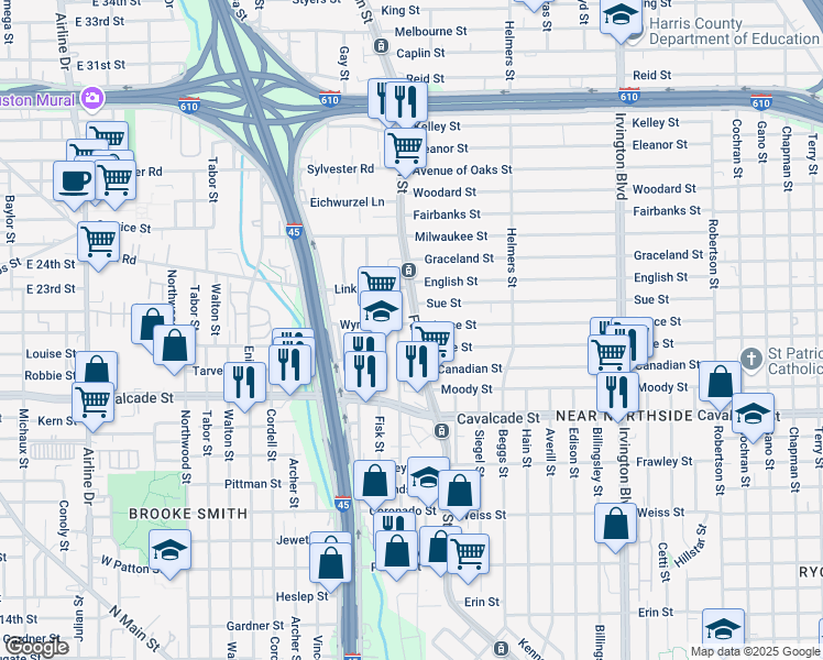 map of restaurants, bars, coffee shops, grocery stores, and more near 116 Wynne Street in Houston